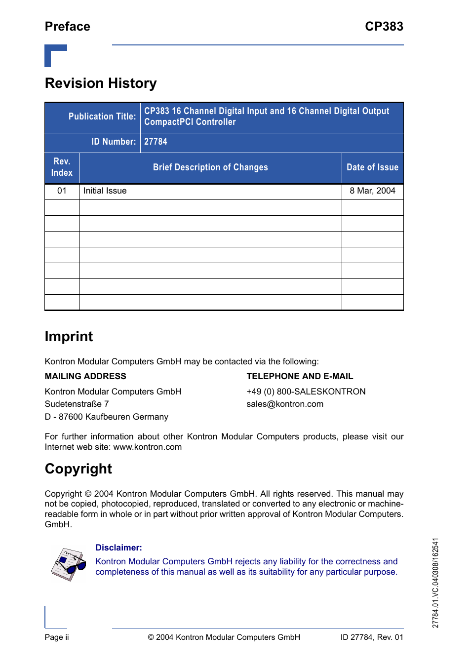 Revision history, Imprint, Copyright | Revision history imprint, Preface cp383 | Kontron CP383 User Manual | Page 2 / 74