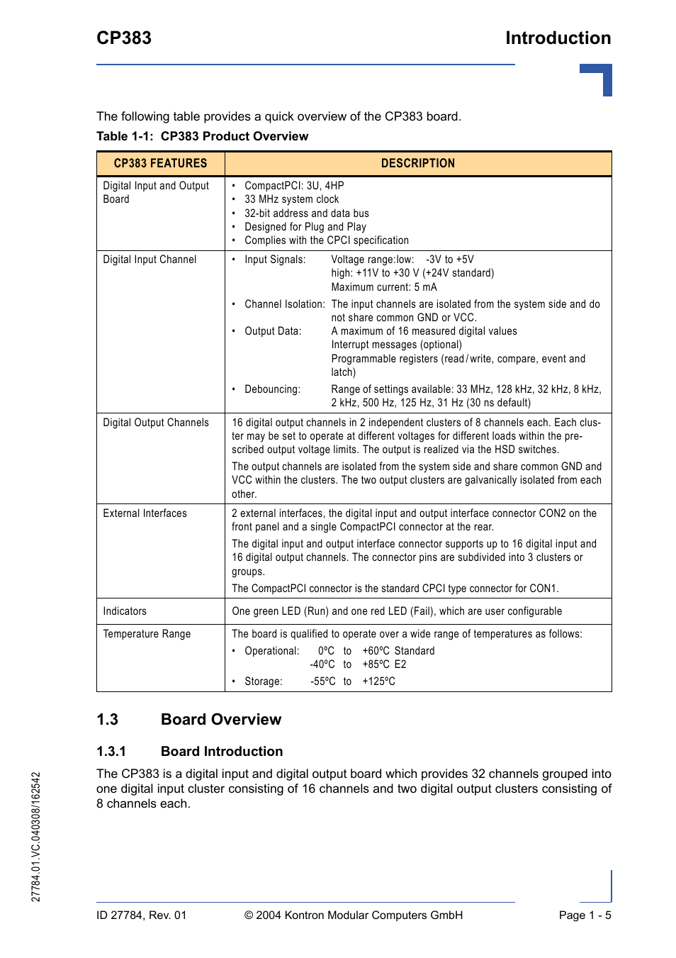 3 board overview, 1 board introduction, 3 board overview - 5 | Board introduction - 5, Cp383 introduction | Kontron CP383 User Manual | Page 21 / 74