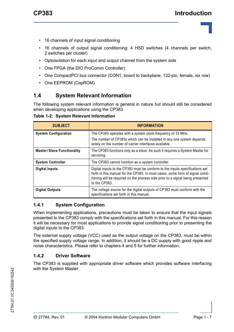 4 system relevant information, 1 system configuration, 2 driver software | 4 system relevant information - 7, System configuration - 7, Driver software - 7, Cp383 introduction | Kontron CP383 User Manual | Page 23 / 74