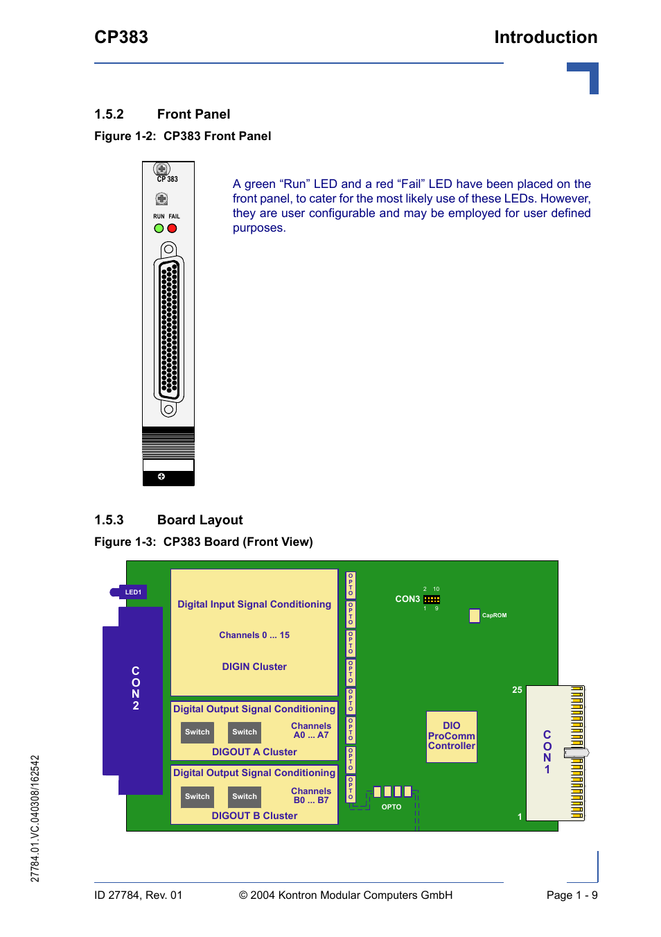 2 front panel, 3 board layout, Front panel - 9 | Board layout - 9, Cp383 introduction, Co n 2, Co n 1 | Kontron CP383 User Manual | Page 25 / 74