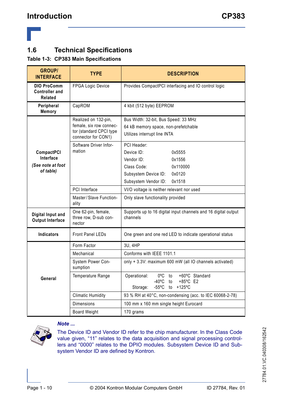 6 technical specifications, Introduction cp383 | Kontron CP383 User Manual | Page 26 / 74