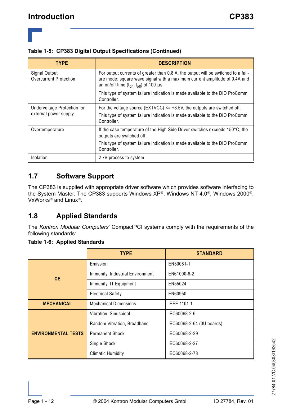 7 software support, 8 applied standards, 7 software support - 12 1.8 applied standards - 12 | Introduction cp383 | Kontron CP383 User Manual | Page 28 / 74