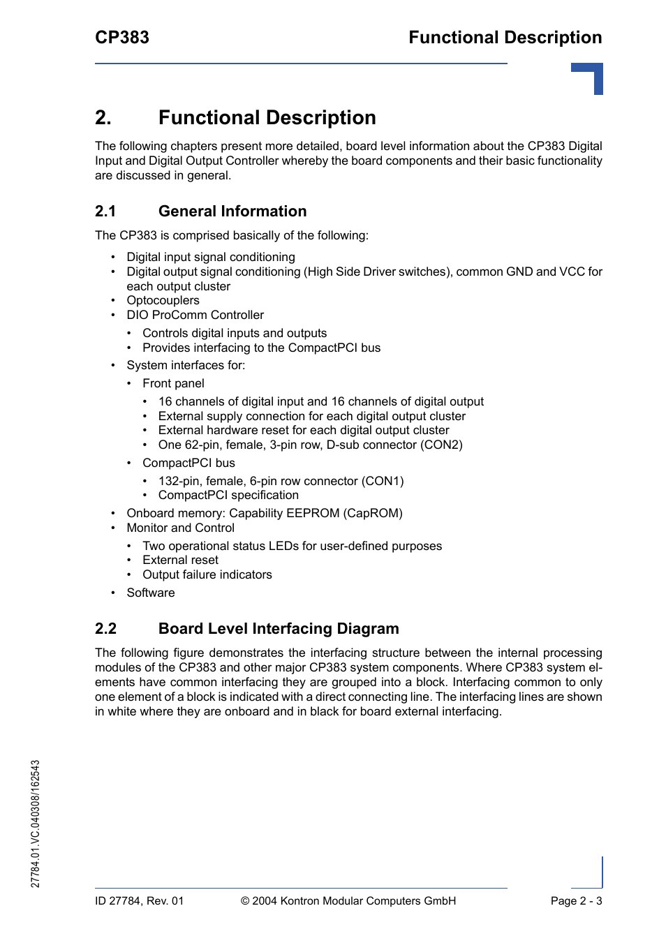 Functional description, 1 general information, 2 board level interfacing diagram | Functional description - 3, Cp383 functional description | Kontron CP383 User Manual | Page 33 / 74