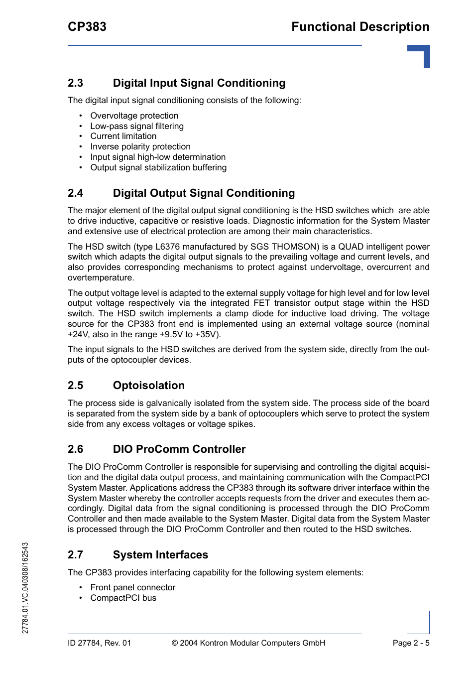 3 digital input signal conditioning, 4 digital output signal conditioning, 5 optoisolation | 6 dio procomm controller, 7 system interfaces, Cp383 functional description | Kontron CP383 User Manual | Page 35 / 74