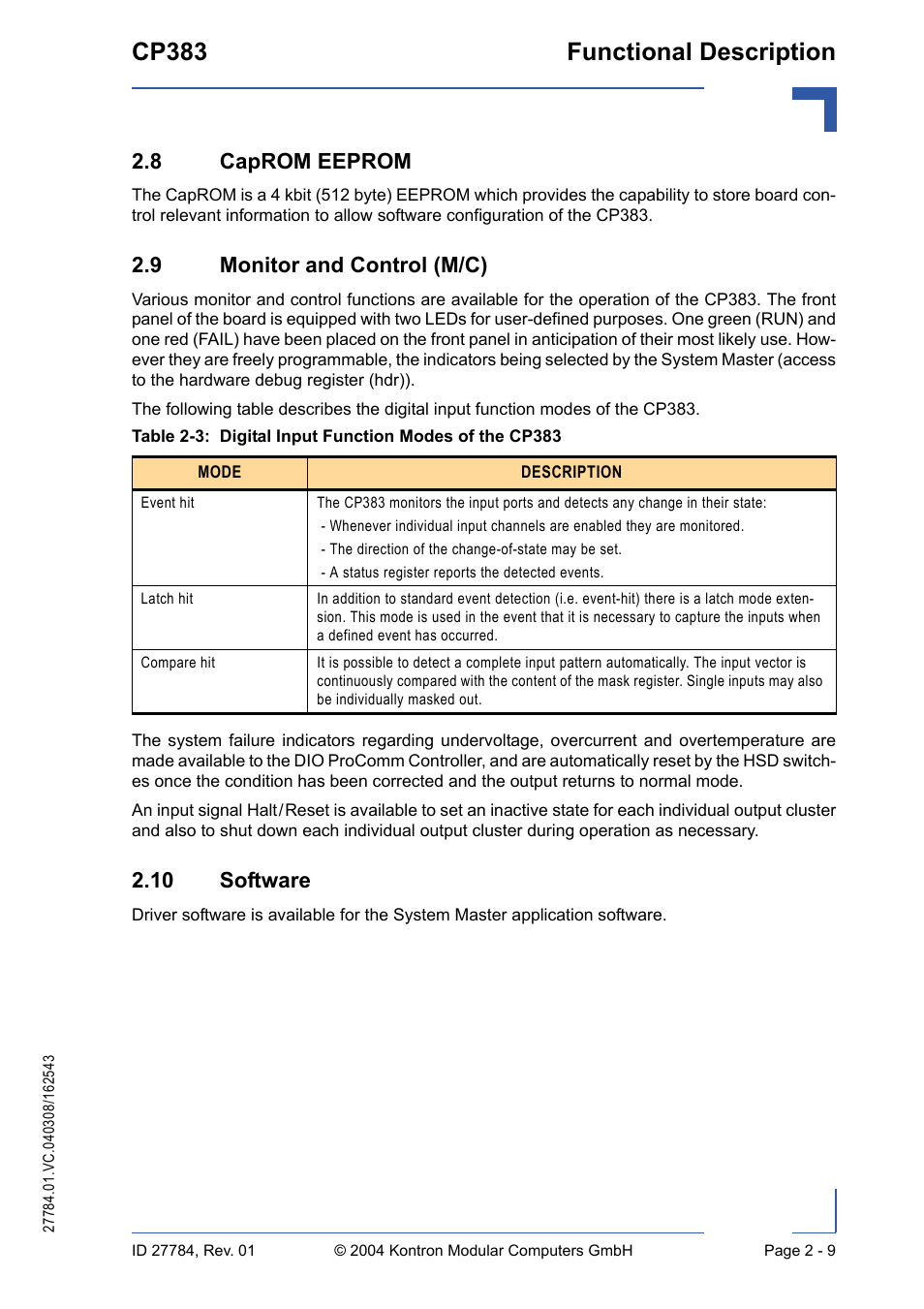 8 caprom eeprom, 9 monitor and control (m/c), 10 software | Cp383 functional description | Kontron CP383 User Manual | Page 39 / 74
