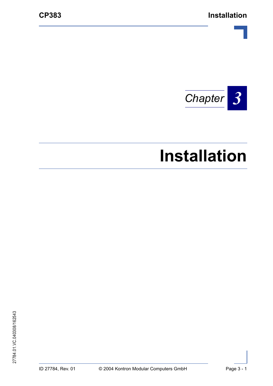Installation, Chapter | Kontron CP383 User Manual | Page 41 / 74