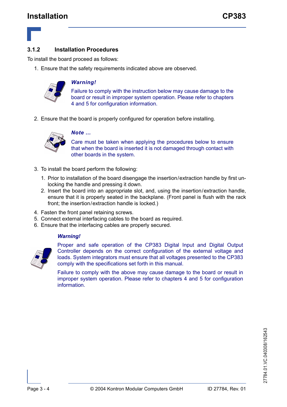 2 installation procedures, Installation procedures - 4, Installation cp383 | Kontron CP383 User Manual | Page 44 / 74