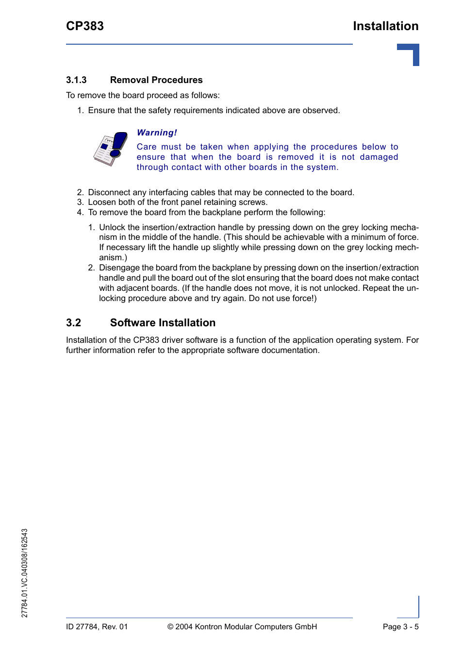 3 removal procedures, 2 software installation, Removal procedures - 5 | 2 software installation - 5, Cp383 installation | Kontron CP383 User Manual | Page 45 / 74