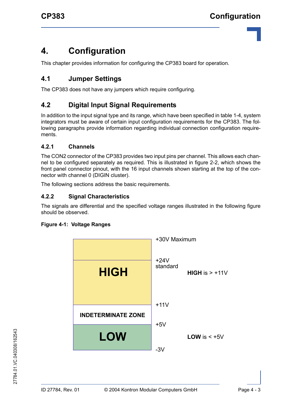 Configuration, 1 jumper settings, 2 digital input signal requirements | 1 channels, 2 signal characteristics, Configuration - 3, Channels - 3, Signal characteristics - 3, High low, Cp383 configuration | Kontron CP383 User Manual | Page 49 / 74