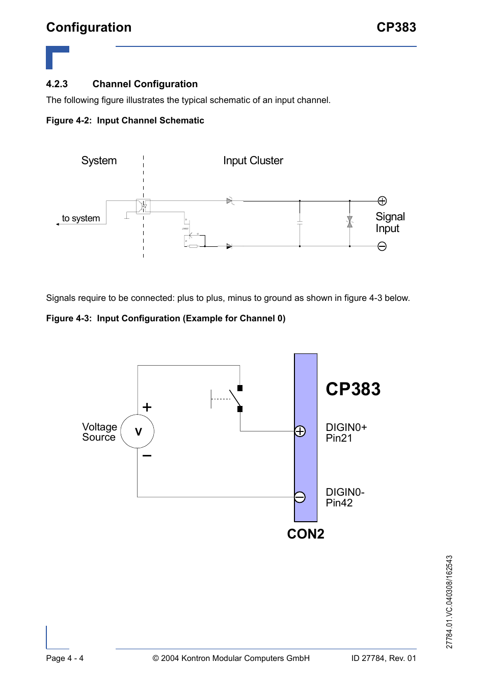 3 channel configuration, Channel configuration - 4, Cp383 | Con2, Configuration cp383 | Kontron CP383 User Manual | Page 50 / 74