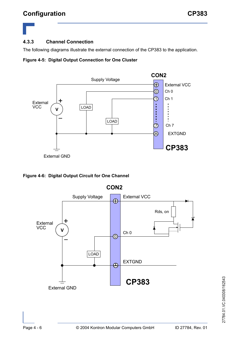3 channel connection, Channel connection - 6, Cp383 | Configuration cp383, Con2 | Kontron CP383 User Manual | Page 52 / 74