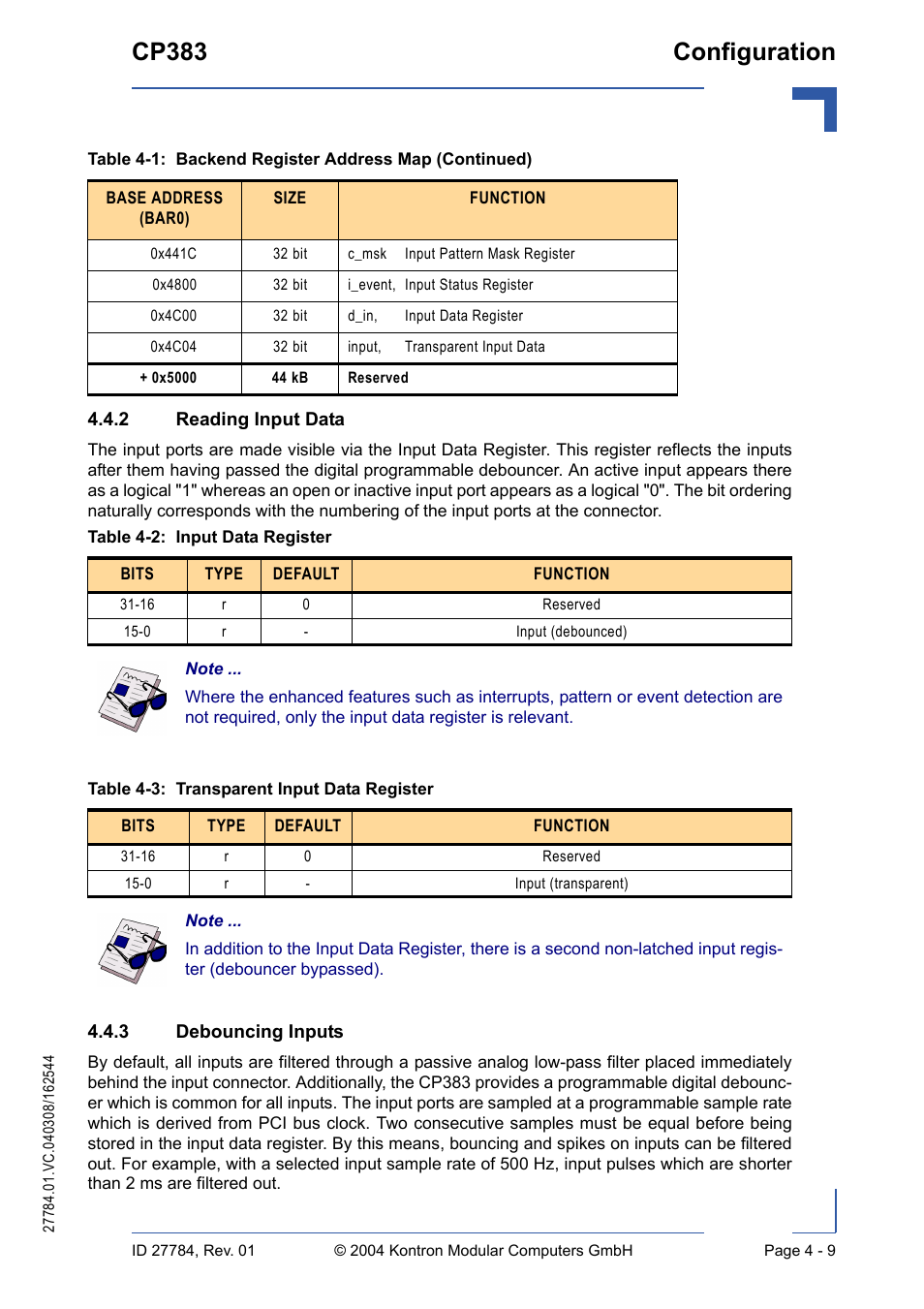 2 reading input data, 3 debouncing inputs, Reading input data - 9 | Debouncing inputs - 10, Cp383 configuration | Kontron CP383 User Manual | Page 55 / 74