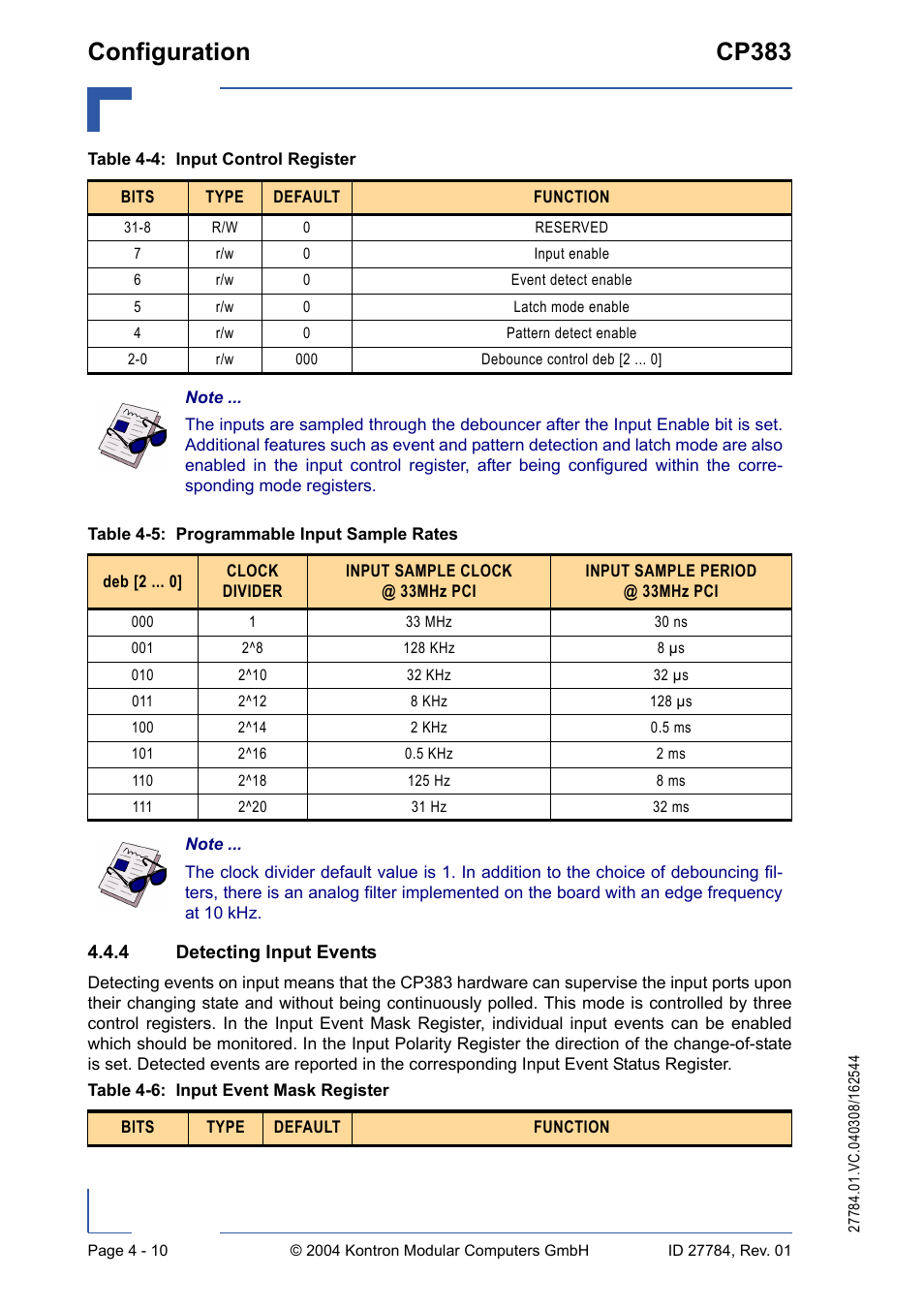 4 detecting input events, Detecting input events - 11, Configuration cp383 | Kontron CP383 User Manual | Page 56 / 74