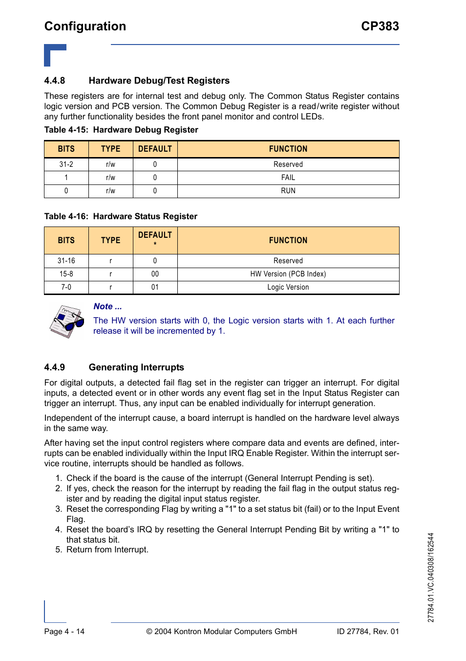 8 hardware debug/test registers, 9 generating interrupts, Hardware debug/test registers - 14 | Generating interrupts - 14, Configuration cp383 | Kontron CP383 User Manual | Page 60 / 74