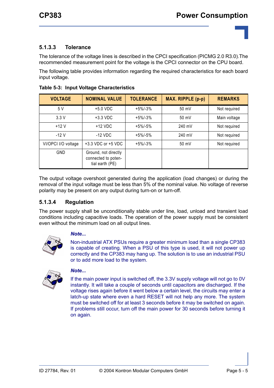 Input voltage characteristics - 5, Cp383 power consumption | Kontron CP383 User Manual | Page 69 / 74