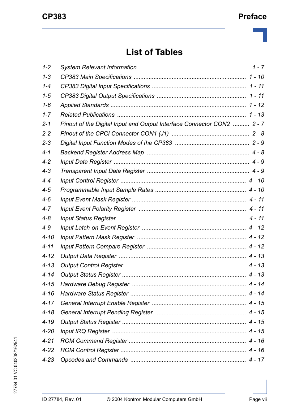 List of tables, 2 system relevant information 1 - 7, 3 cp383 main specifications 1 - 10 | 4 cp383 digital input specifications 1 - 11, 5 cp383 digital output specifications 1 - 11, 6 applied standards 1 - 12, 7 related publications 1 - 13, 2 pinout of the cpci connector con1 (j1) 2 - 8, 3 digital input function modes of the cp383 2 - 9, 1 backend register address map 4 - 8 | Kontron CP383 User Manual | Page 7 / 74