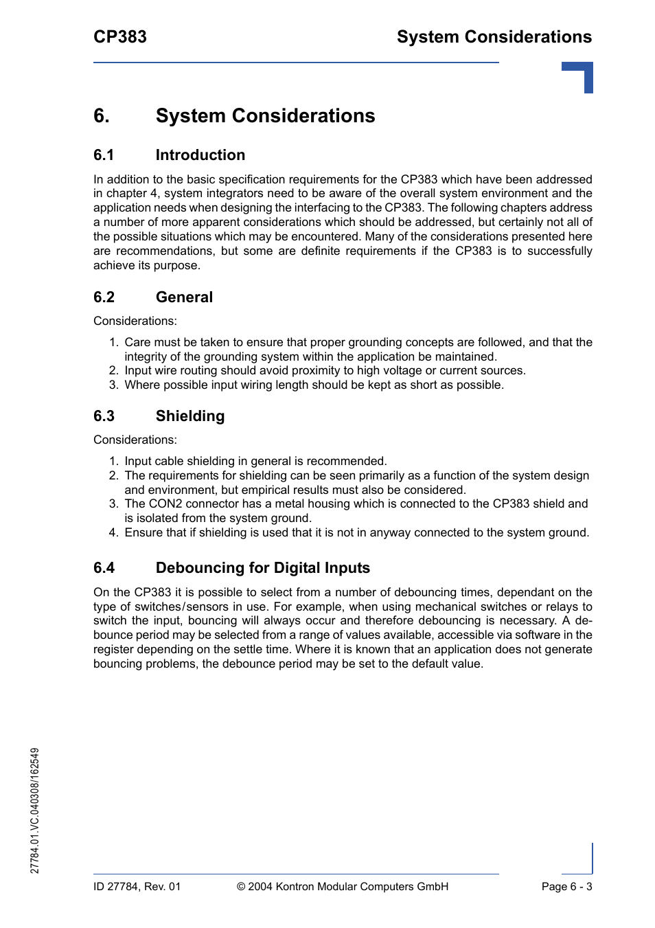 1 introduction, 2 general, 3 shielding | 4 debouncing for digital inputs, System considerations - 3, 1 introduction - 3, System considerations, Cp383 system considerations | Kontron CP383 User Manual | Page 73 / 74