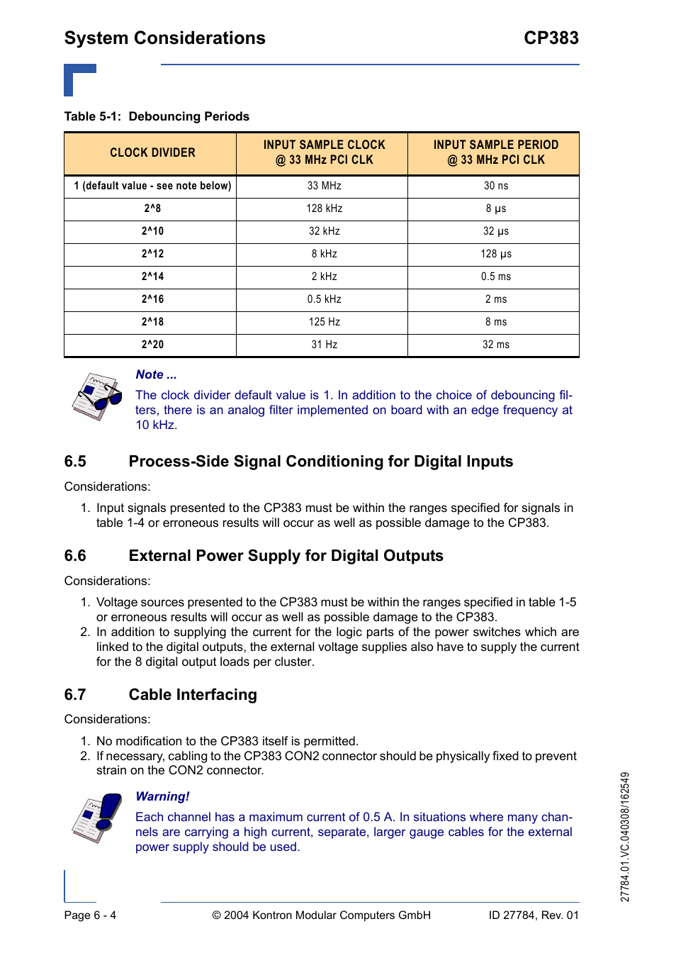 6 external power supply for digital outputs, 7 cable interfacing, Debouncing periods - 4 | System considerations cp383 | Kontron CP383 User Manual | Page 74 / 74