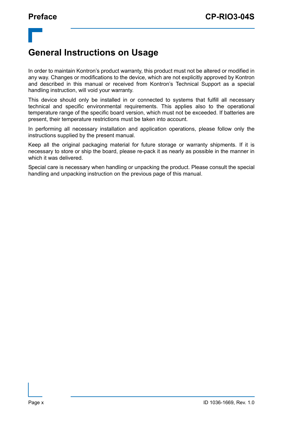 General instructions on usage, Preface cp-rio3-04s | Kontron CP-RIO3-04S User Manual | Page 10 / 38