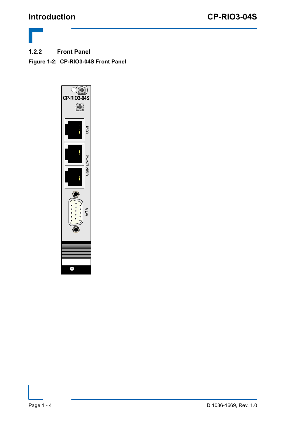 2 front panel, Front panel - 4, Introduction cp-rio3-04s | Kontron CP-RIO3-04S User Manual | Page 16 / 38