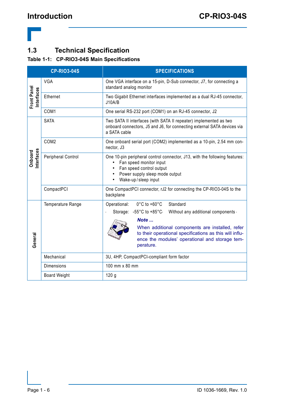 3 technical specification, 3 technical specification - 6, Introduction cp-rio3-04s | Kontron CP-RIO3-04S User Manual | Page 18 / 38