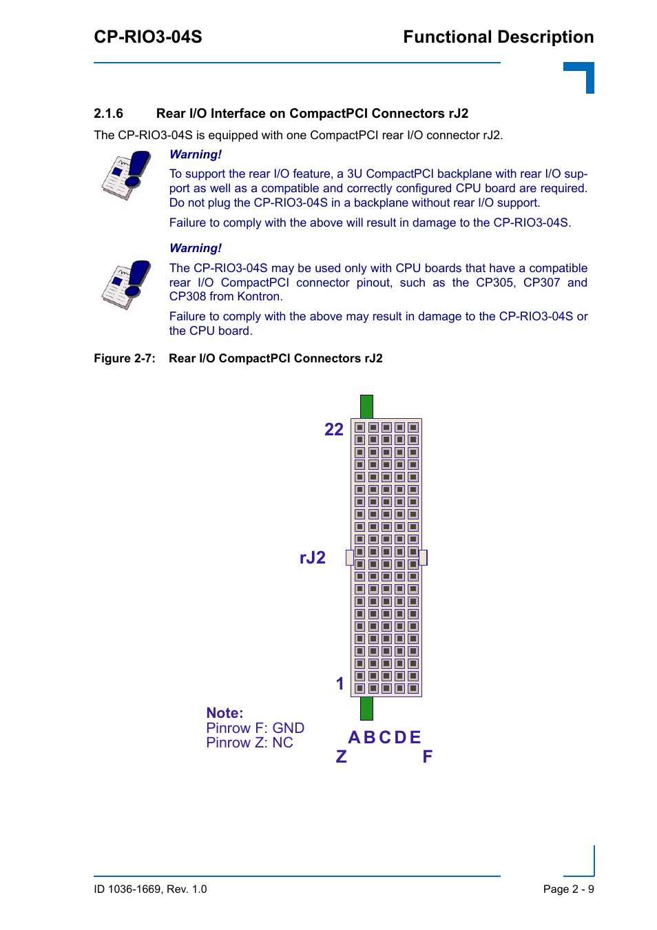 6 rear i/o interface on compactpci connectors rj2, Cp-rio3-04s functional description | Kontron CP-RIO3-04S User Manual | Page 29 / 38