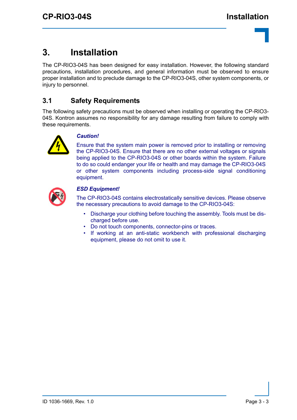 Installation, 1 safety requirements, Installation - 3 | 1 safety requirements - 3, Cp-rio3-04s installation | Kontron CP-RIO3-04S User Manual | Page 35 / 38