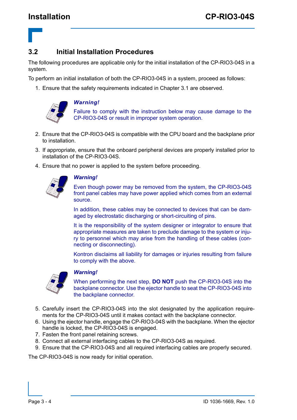 2 initial installation procedures, 2 initial installation procedures - 4, Installation cp-rio3-04s | Kontron CP-RIO3-04S User Manual | Page 36 / 38