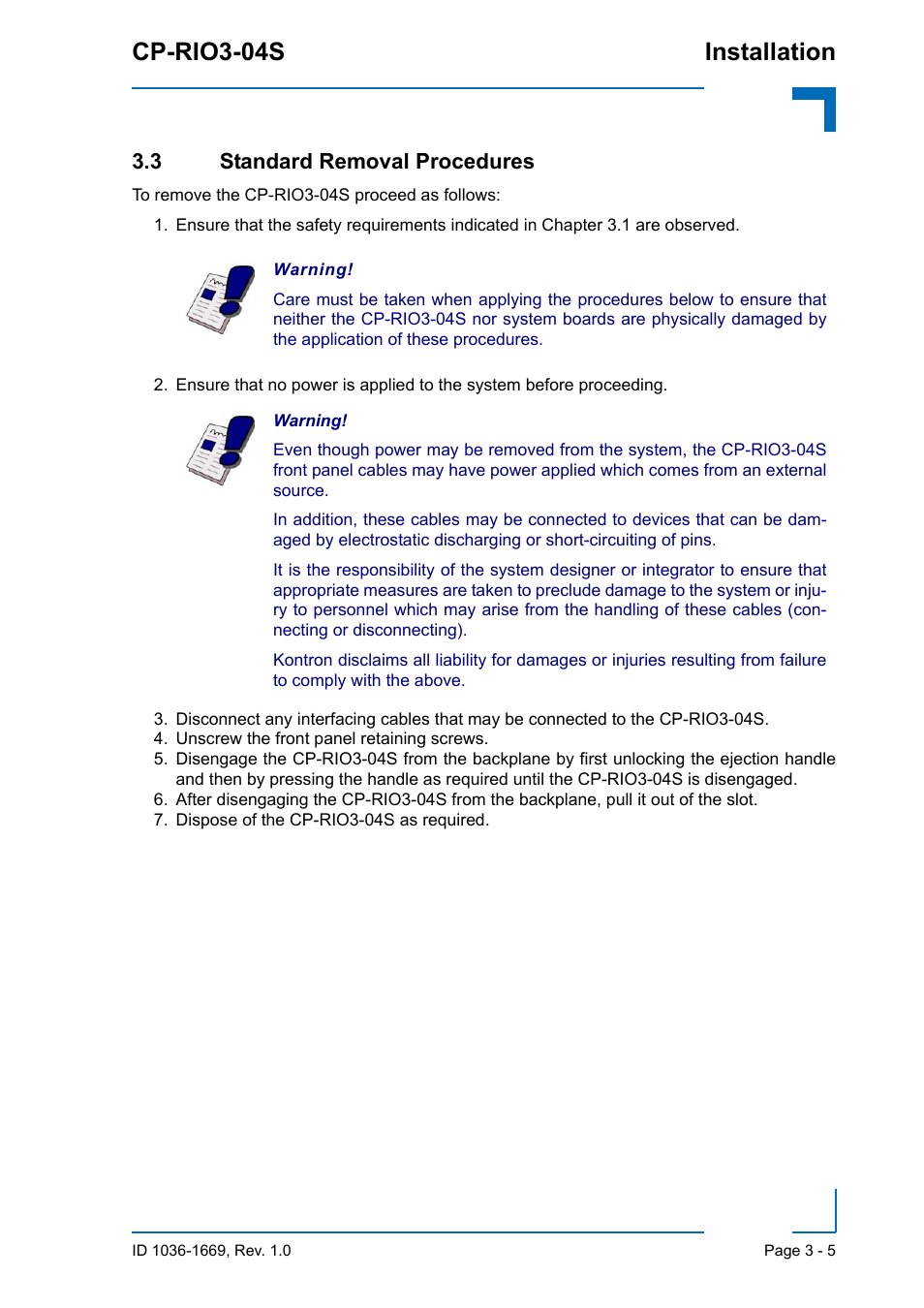 3 standard removal procedures, 3 standard removal procedures - 5, Cp-rio3-04s installation | Kontron CP-RIO3-04S User Manual | Page 37 / 38