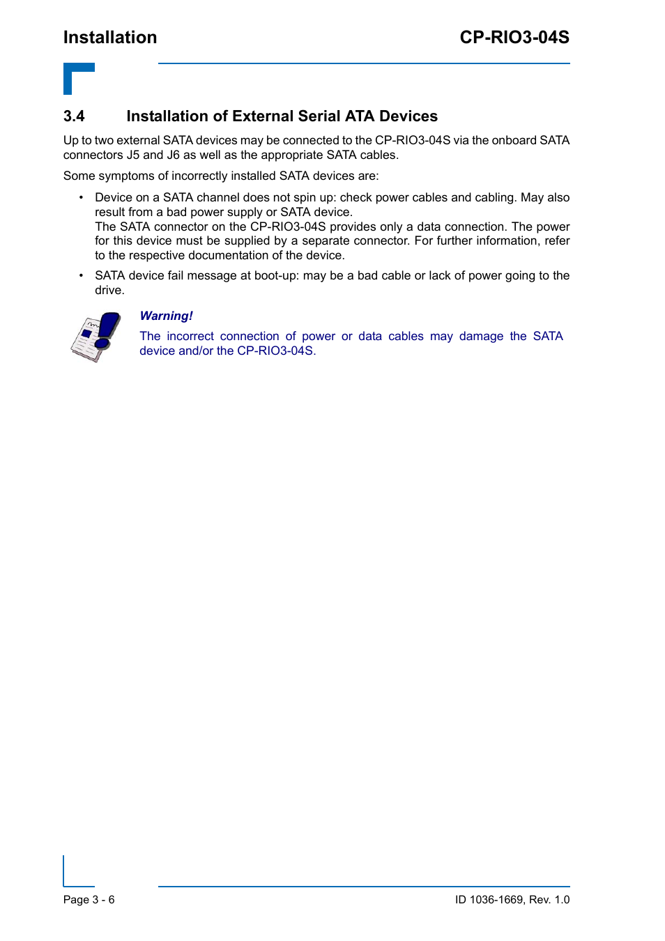 4 installation of external serial ata devices, 4 installation of external serial ata devices - 6, Installation cp-rio3-04s | Kontron CP-RIO3-04S User Manual | Page 38 / 38