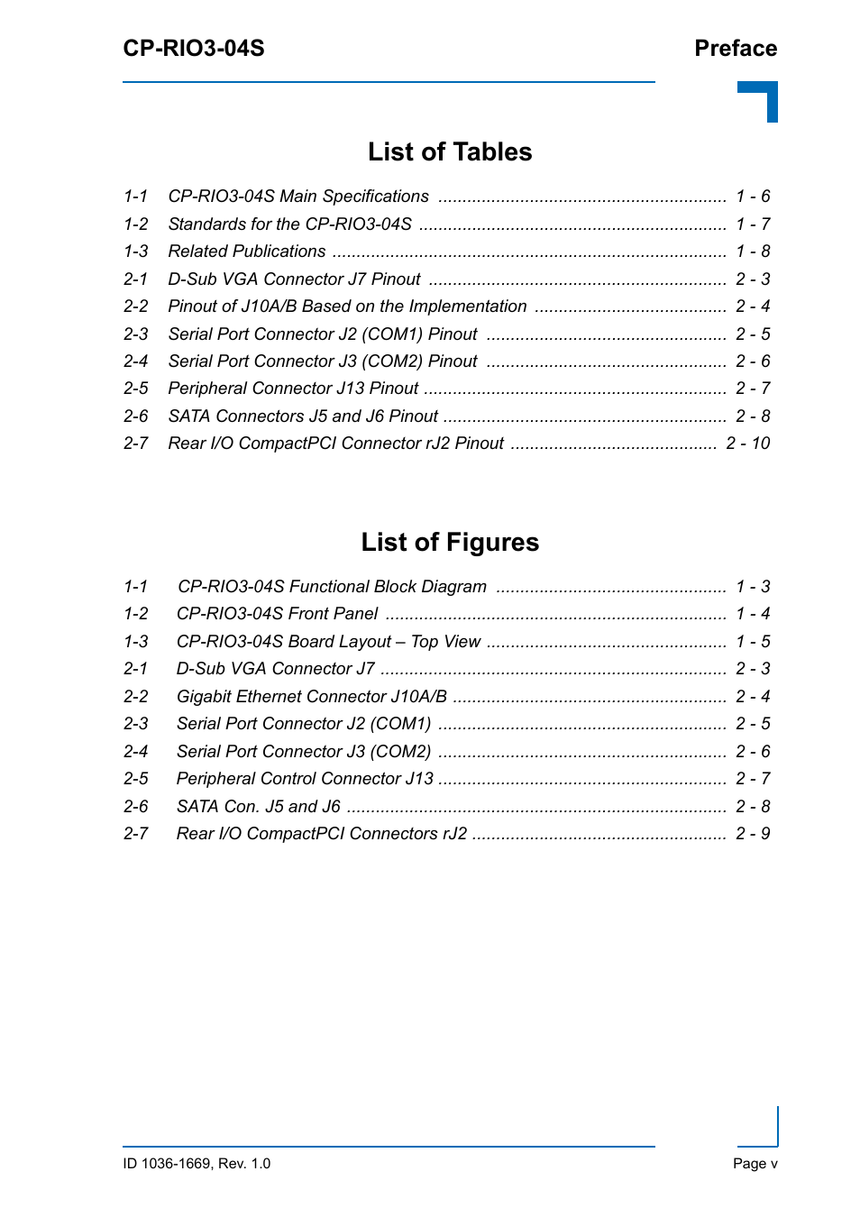 List of tables, 1 cp-rio3-04s main specifications 1 - 6, 2 standards for the cp-rio3-04s 1 - 7 | 3 related publications 1 - 8, 1 d-sub vga connector j7 pinout 2 - 3, 3 serial port connector j2 (com1) pinout 2 - 5, 4 serial port connector j3 (com2) pinout 2 - 6, 5 peripheral connector j13 pinout 2 - 7, 6 sata connectors j5 and j6 pinout 2 - 8, 7 rear i/o compactpci connector rj2 pinout 2 - 10 | Kontron CP-RIO3-04S User Manual | Page 5 / 38