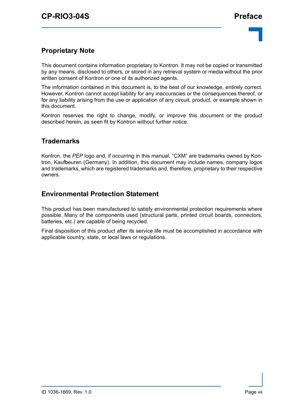 Proprietary note, Trademarks, Environmental protection statement | Cp-rio3-04s preface | Kontron CP-RIO3-04S User Manual | Page 7 / 38