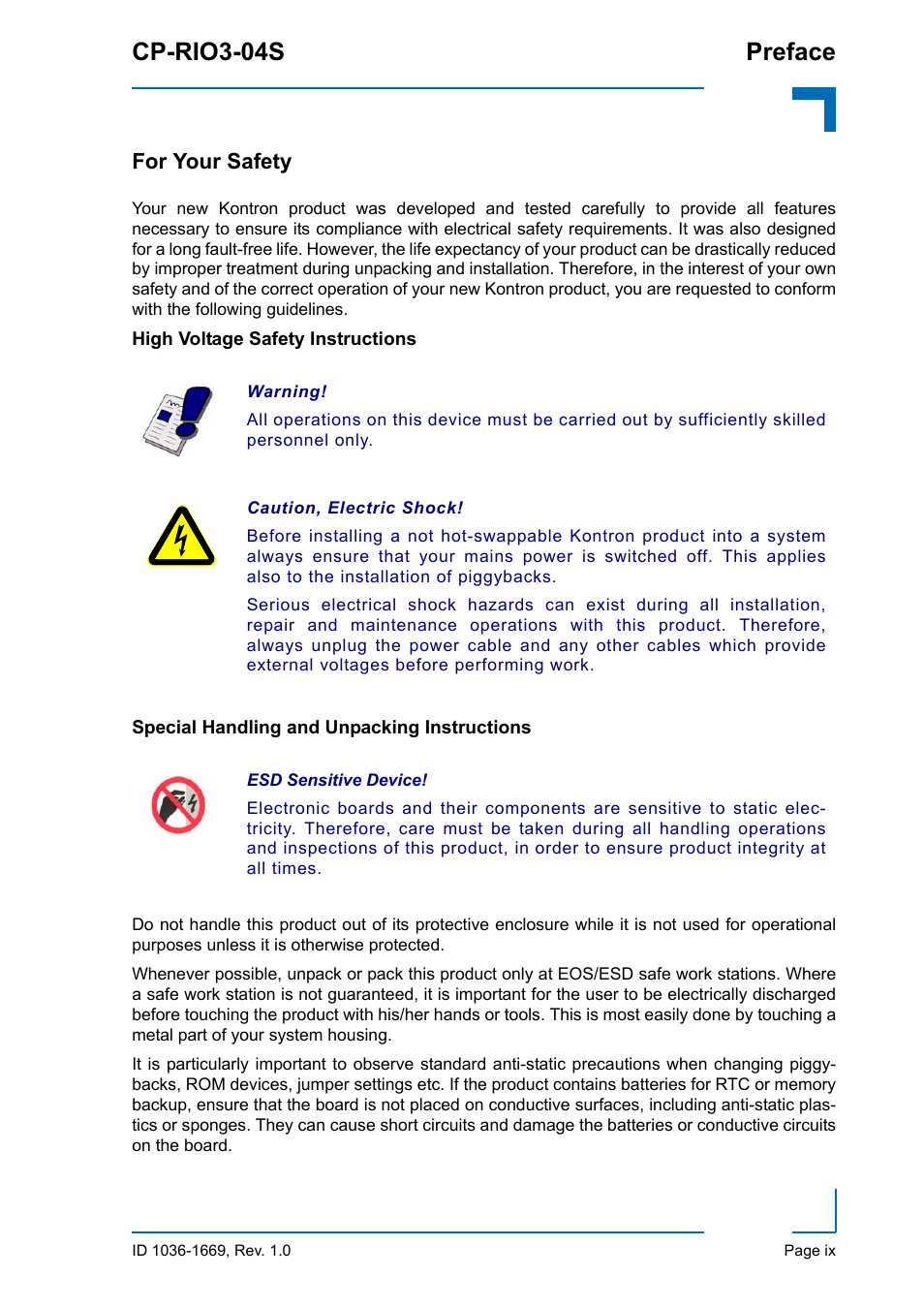 For your safety, High voltage safety instructions, Special handling and unpacking instructions | Cp-rio3-04s preface | Kontron CP-RIO3-04S User Manual | Page 9 / 38