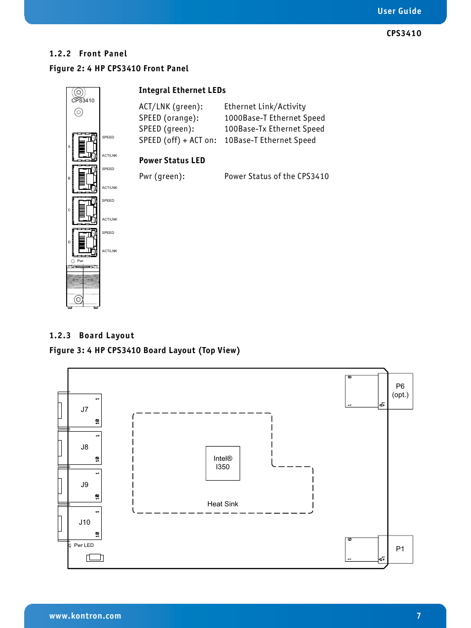 2 front panel, 3 board layout, Front panel | Board layout, 4 hp cps3410 front panel, 4 hp cps3410 board layout (top view) | Kontron CPS3410 User Manual | Page 7 / 9