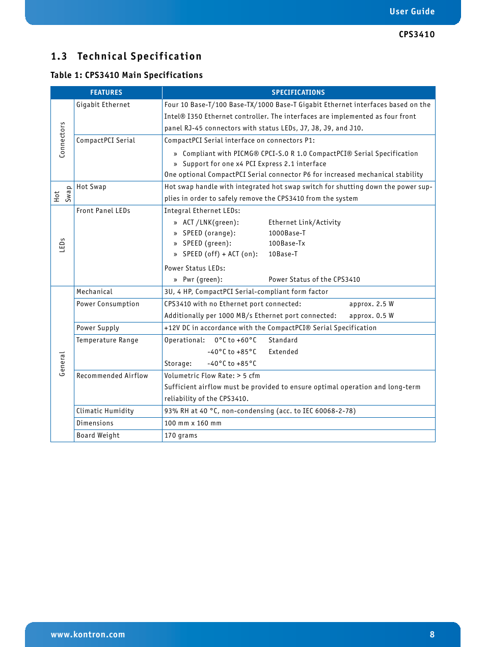 3 technical specification, Technical specification, Cps3410 main specifications | 3 technical specif ication | Kontron CPS3410 User Manual | Page 8 / 9