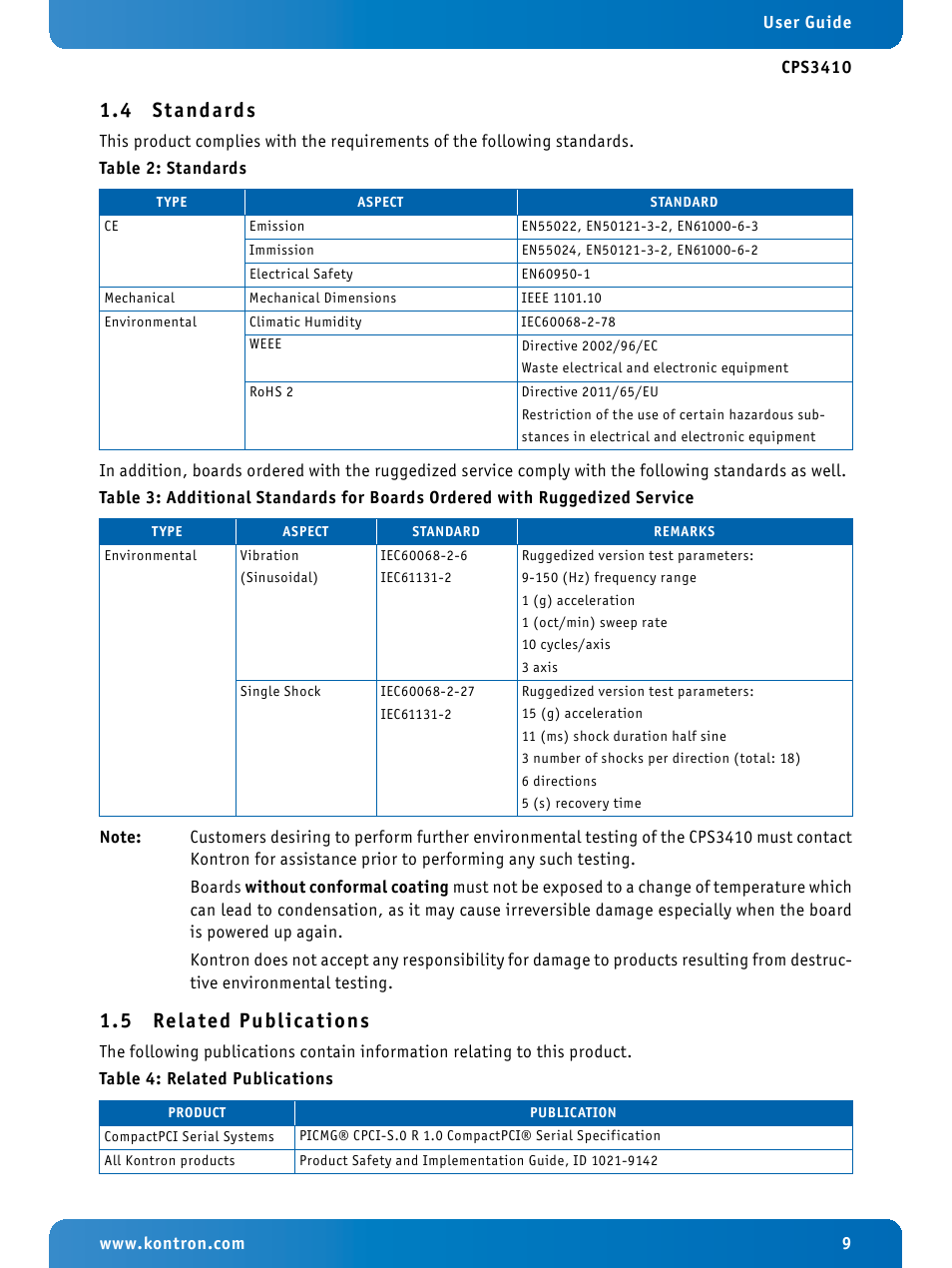 4 standards, 5 related publications, Standards | Related publications | Kontron CPS3410 User Manual | Page 9 / 9