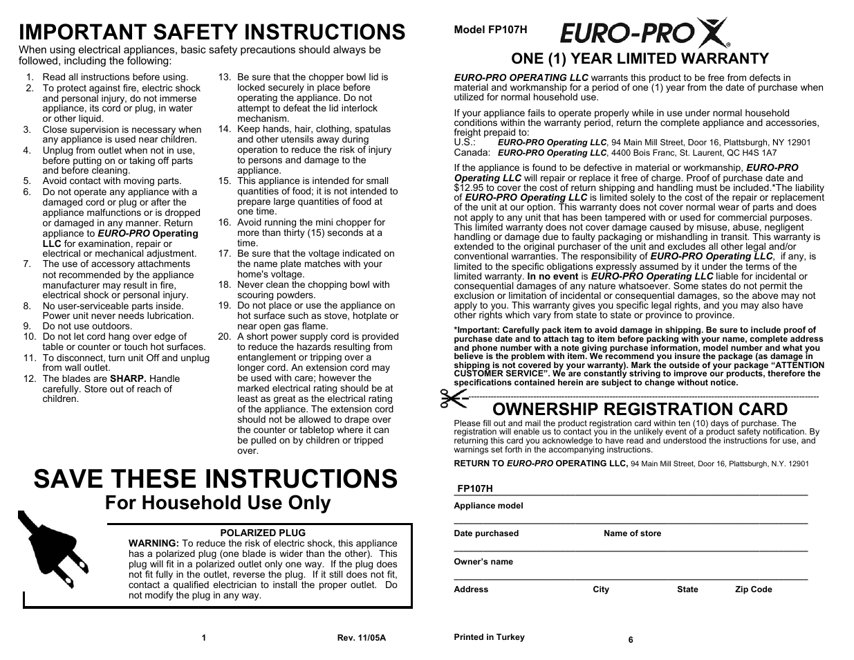 Save these instructions, Important safety instructions, For household use only | Ownership registration card, One (1) year limited warranty | Bravetti QUAD BLADE FP107H User Manual | Page 2 / 4