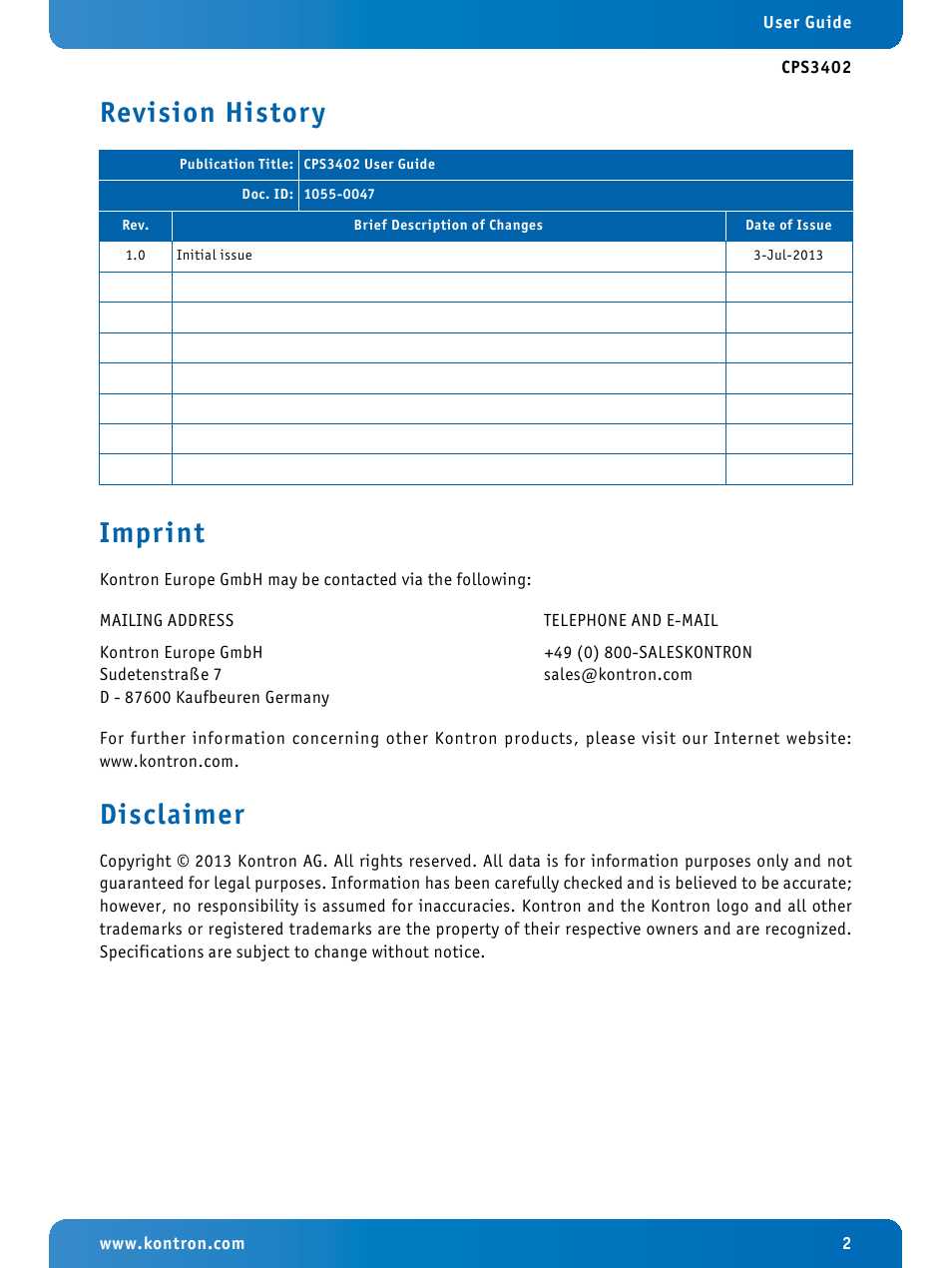 Revision history, Imprint, Disclaimer | Revision history imprint | Kontron CPS3402 User Manual | Page 2 / 9