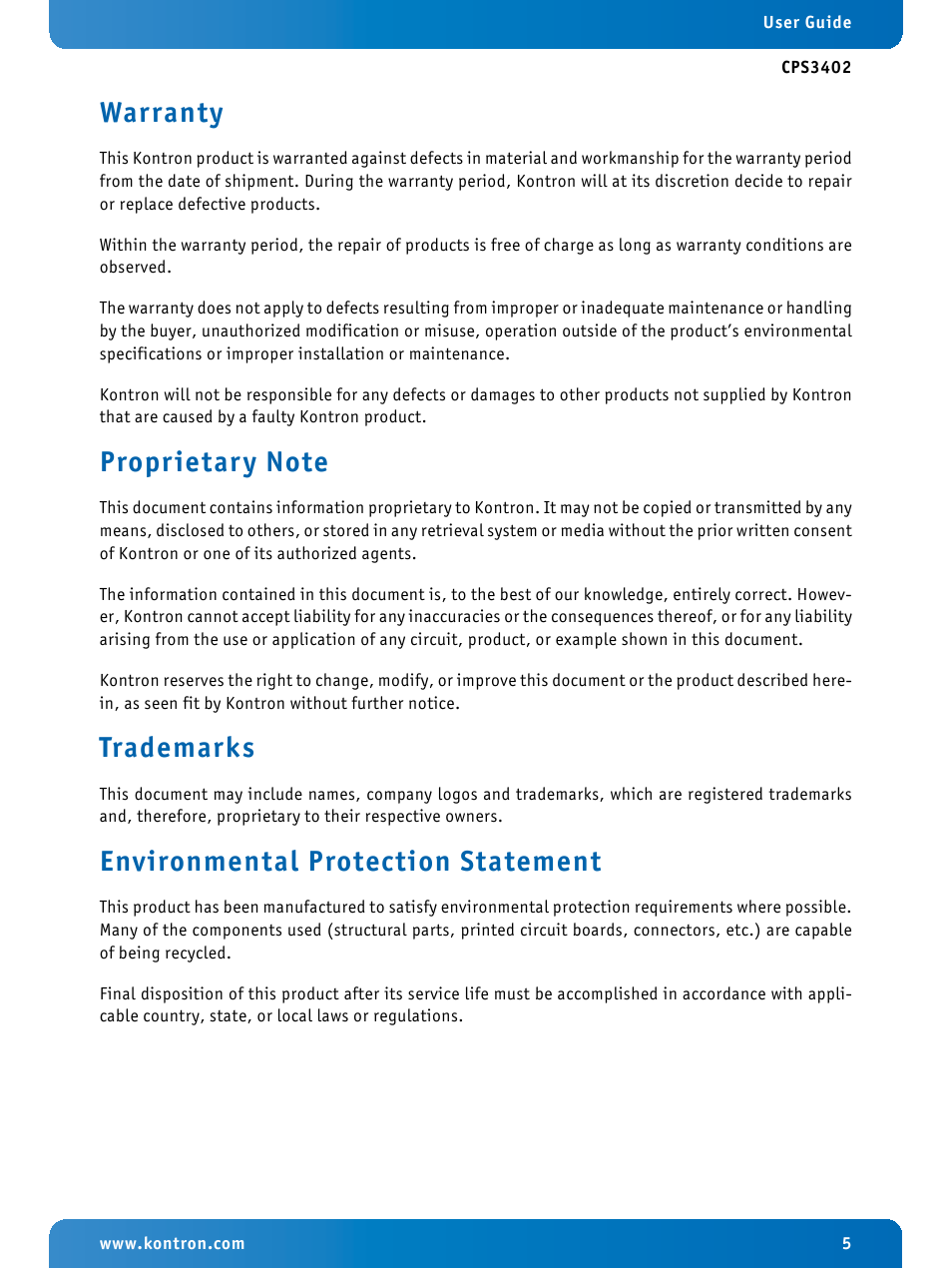 Warranty, Proprietary note, Trademarks | Environmental protection statement | Kontron CPS3402 User Manual | Page 5 / 9