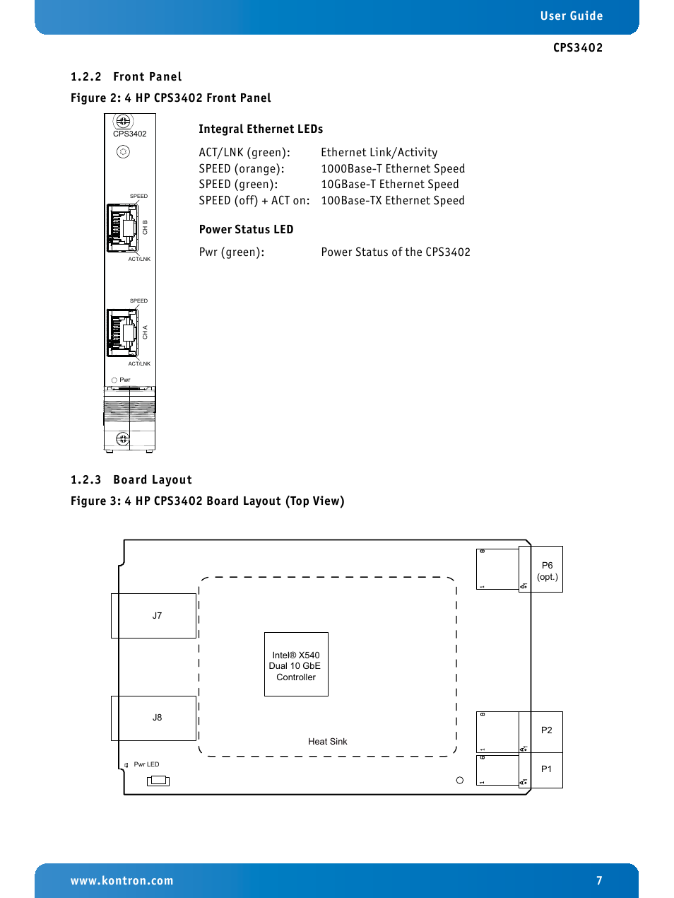 2 front panel, 3 board layout, Front panel | Board layout, 4 hp cps3402 front panel, 4 hp cps3402 board layout (top view) | Kontron CPS3402 User Manual | Page 7 / 9