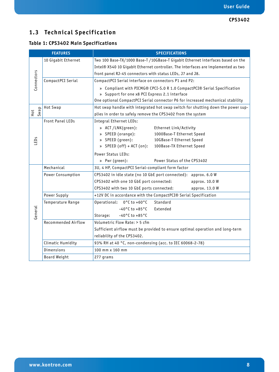 3 technical specification, Technical specification, Cps3402 main specifications | 3 technical specif ication | Kontron CPS3402 User Manual | Page 8 / 9