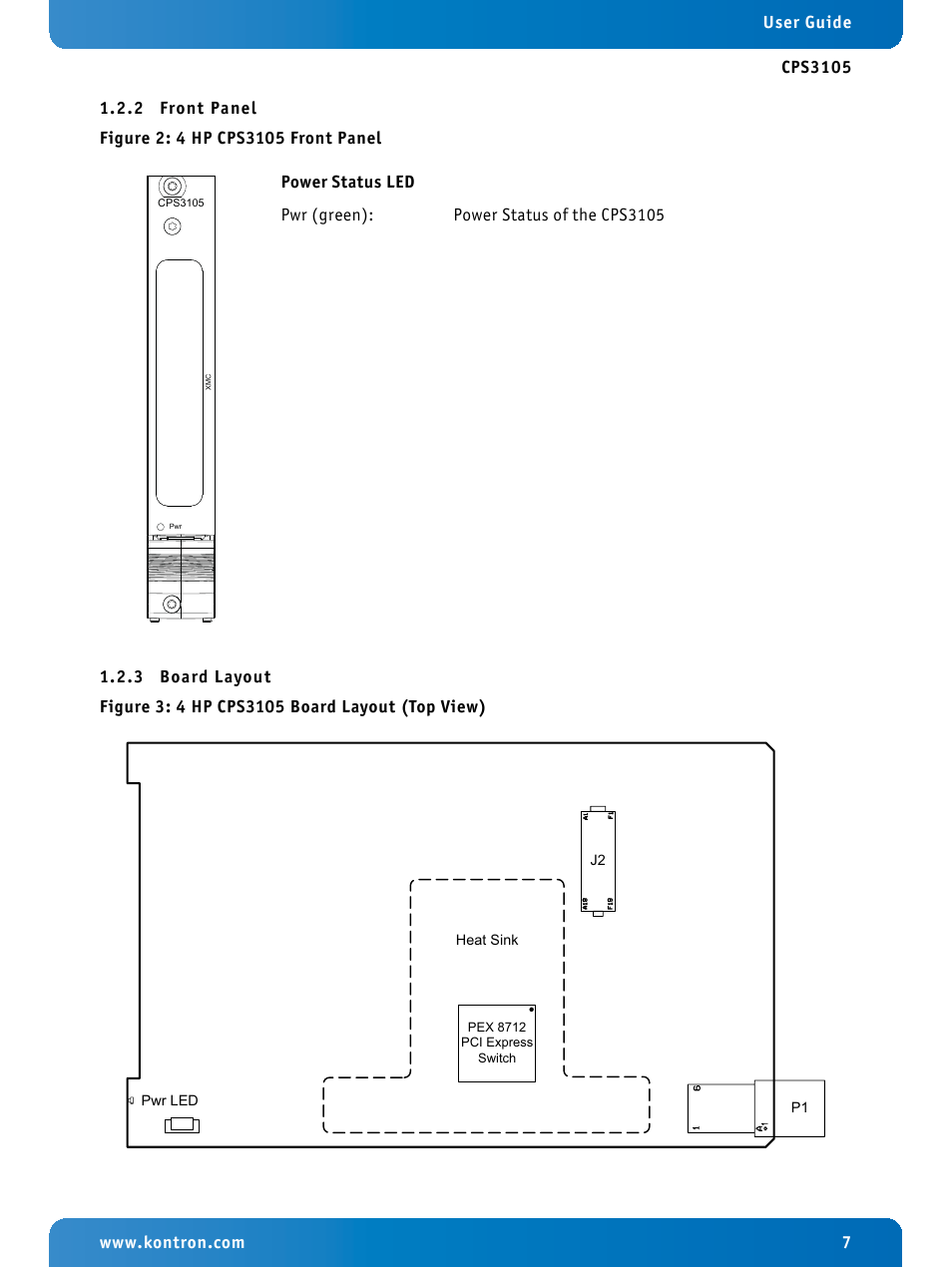 2 front panel, 3 board layout, Front panel | Board layout, 4 hp cps3105 front panel, 4 hp cps3105 board layout (top view) | Kontron CPS3105 User Manual | Page 7 / 9
