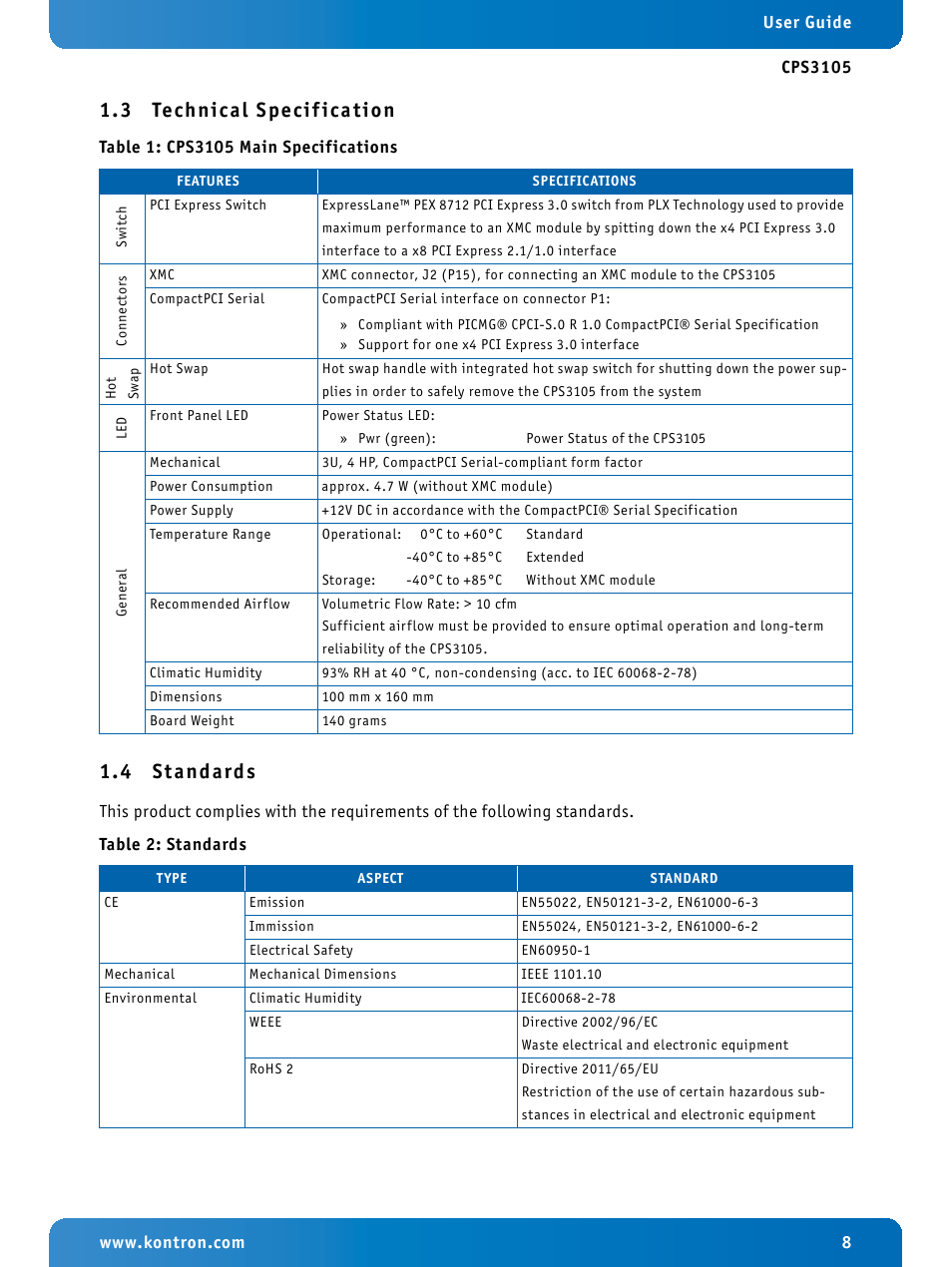 3 technical specification, 4 standards, Technical specification | Standards, Cps3105 main specifications, 3 technical specif ication 1.4 standards | Kontron CPS3105 User Manual | Page 8 / 9