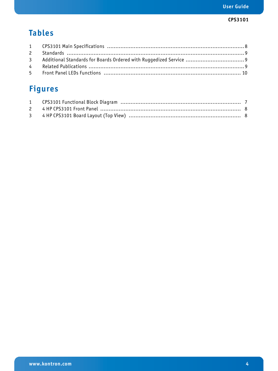 Tables, Figures | Kontron CPS3101 User Manual | Page 4 / 9