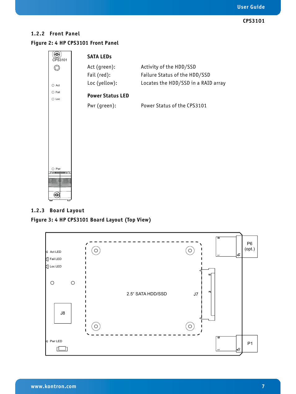 2 front panel, 3 board layout, Front panel | Board layout, 4 hp cps3101 front panel, 4 hp cps3101 board layout (top view) | Kontron CPS3101 User Manual | Page 7 / 9