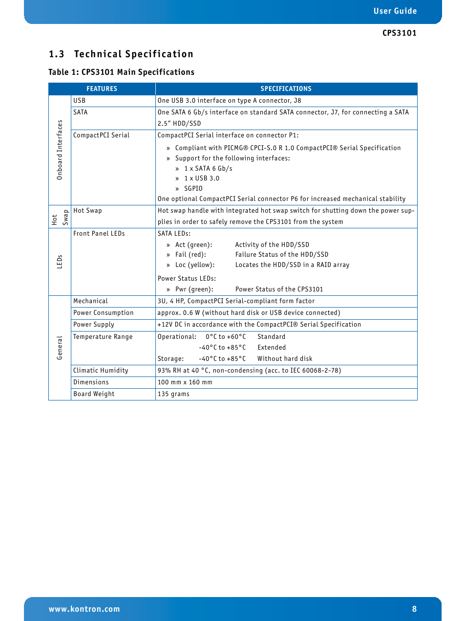 3 technical specification, Technical specification, Cps3101 main specifications | 3 technical specif ication | Kontron CPS3101 User Manual | Page 8 / 9