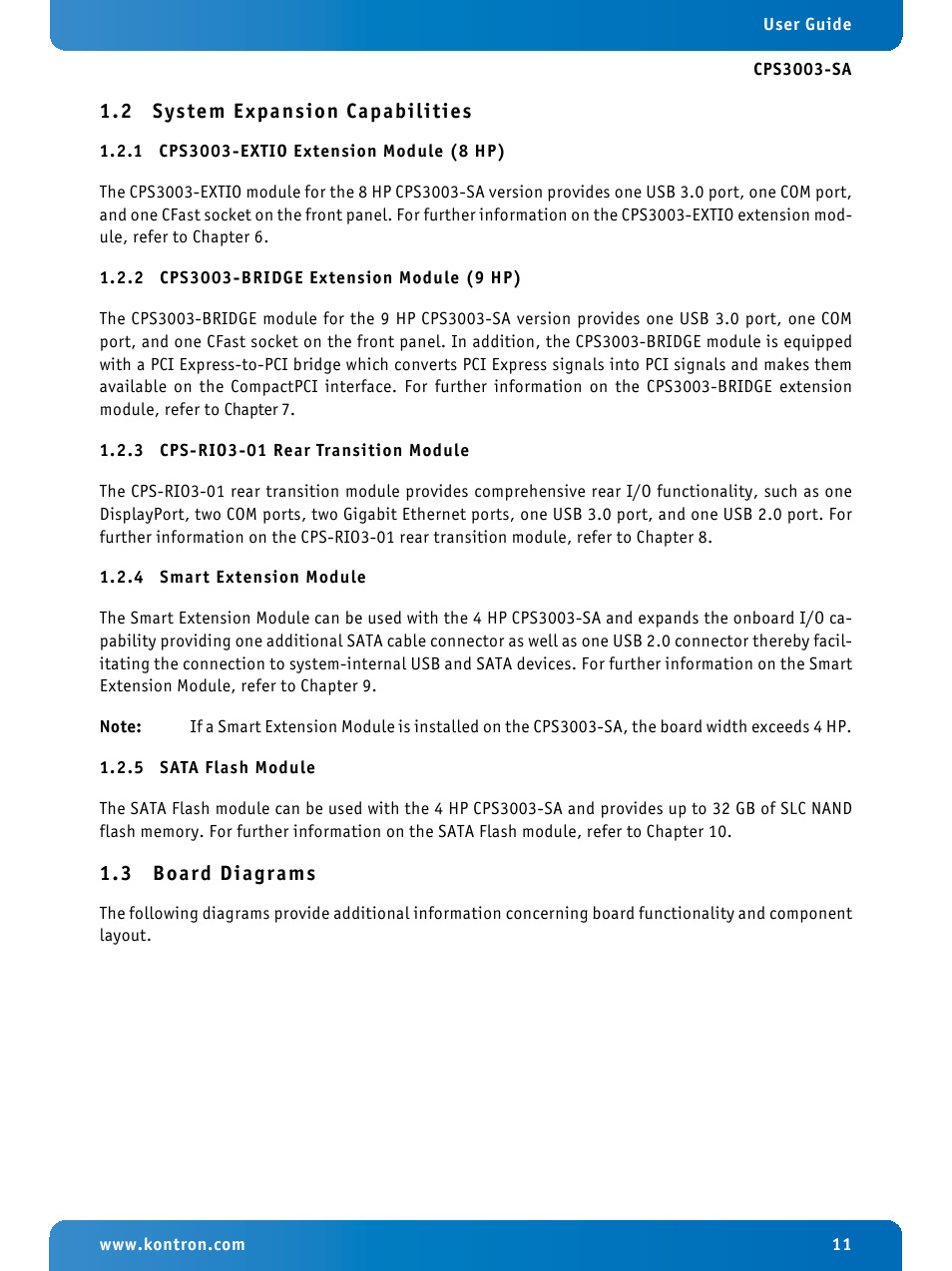 2 system expansion capabilities, 1 cps3003-extio extension module (8 hp), 2 cps3003-bridge extension module (9 hp) | 3 cps-rio3-01 rear transition module, 4 smart extension module, 5 sata flash module, 3 board diagrams, System expansion capabilities, Cps3003-extio extension module (8 hp), Cps3003-bridge extension module (9 hp) | Kontron CPS3003-SA User Manual | Page 11 / 19