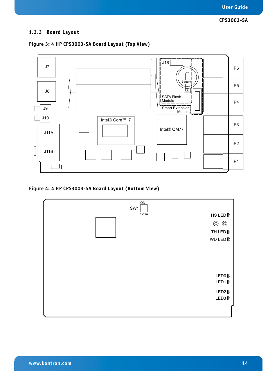 3 board layout, Board layout, 4 hp cps3003-sa board layout (top view) | 4 hp cps3003-sa board layout (bottom view) | Kontron CPS3003-SA User Manual | Page 14 / 19