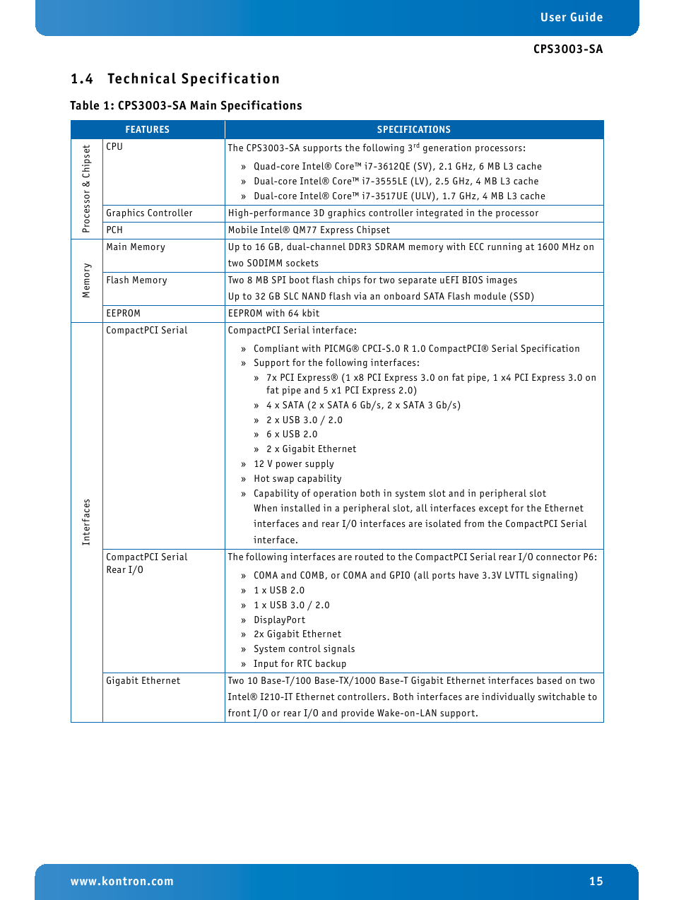 4 technical specification, Technical specification, Cps3003-sa main specifications | 4 technical specif ication | Kontron CPS3003-SA User Manual | Page 15 / 19