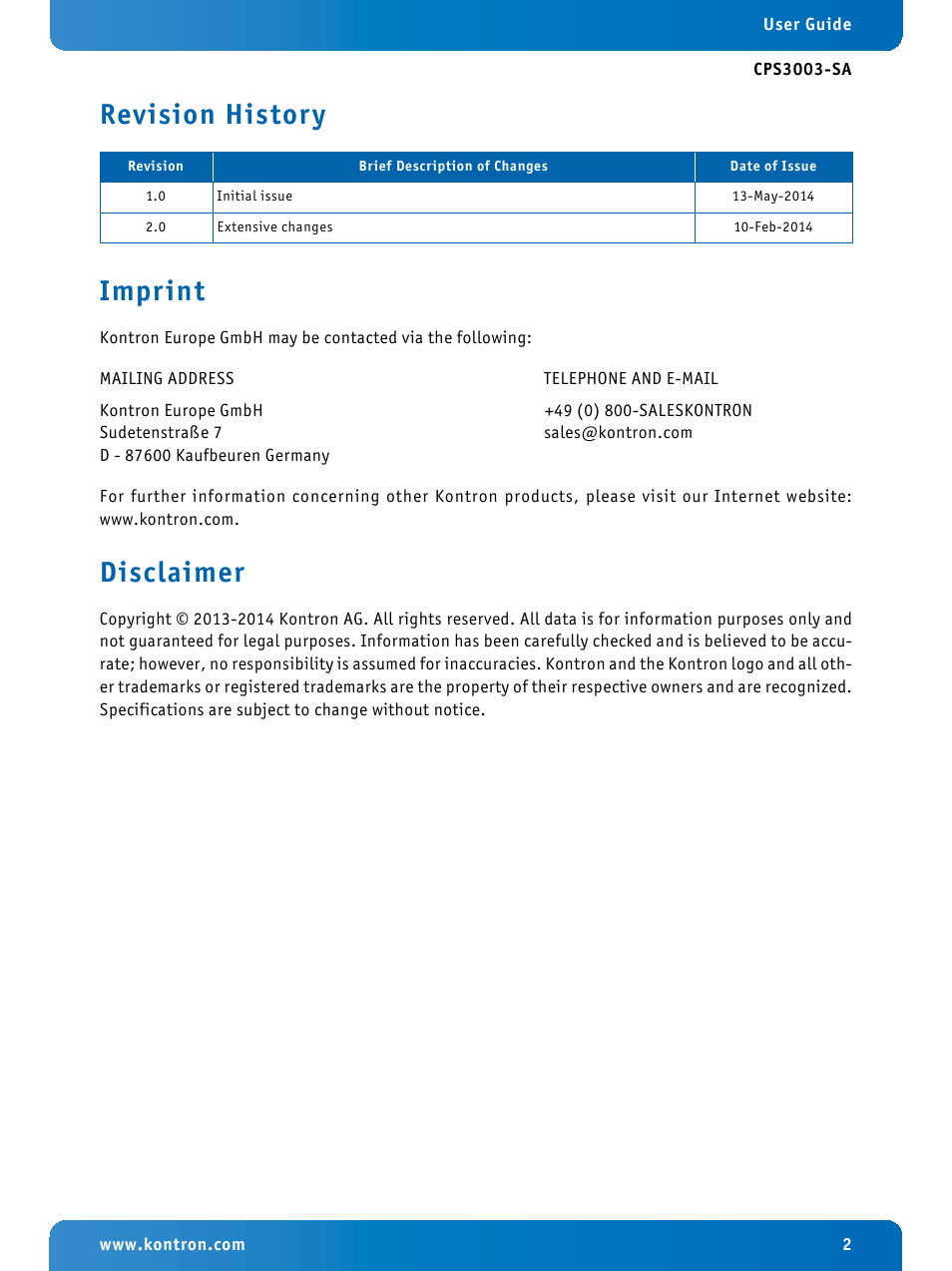 Revision history, Imprint, Disclaimer | Revision history imprint | Kontron CPS3003-SA User Manual | Page 2 / 19